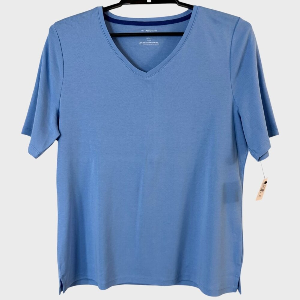 Talbots Short-Sleeve V-Neck T-Shirt Blue Women's Size XLP 100% Pima Cotton New
